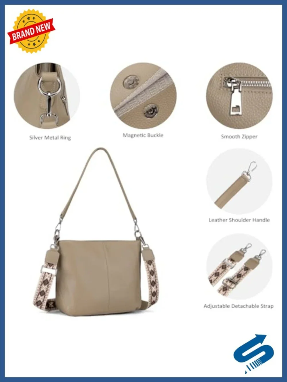 Genuine Leather Hobo Crossbody Bag with 2 Removable Straps